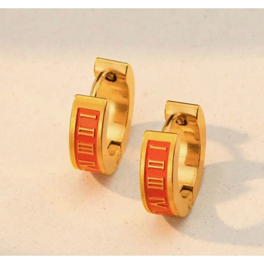 Round Roman Numerals Ring Stainless Steel Enamel Bangles - Orange - Size 6 - Picture 2 of 3